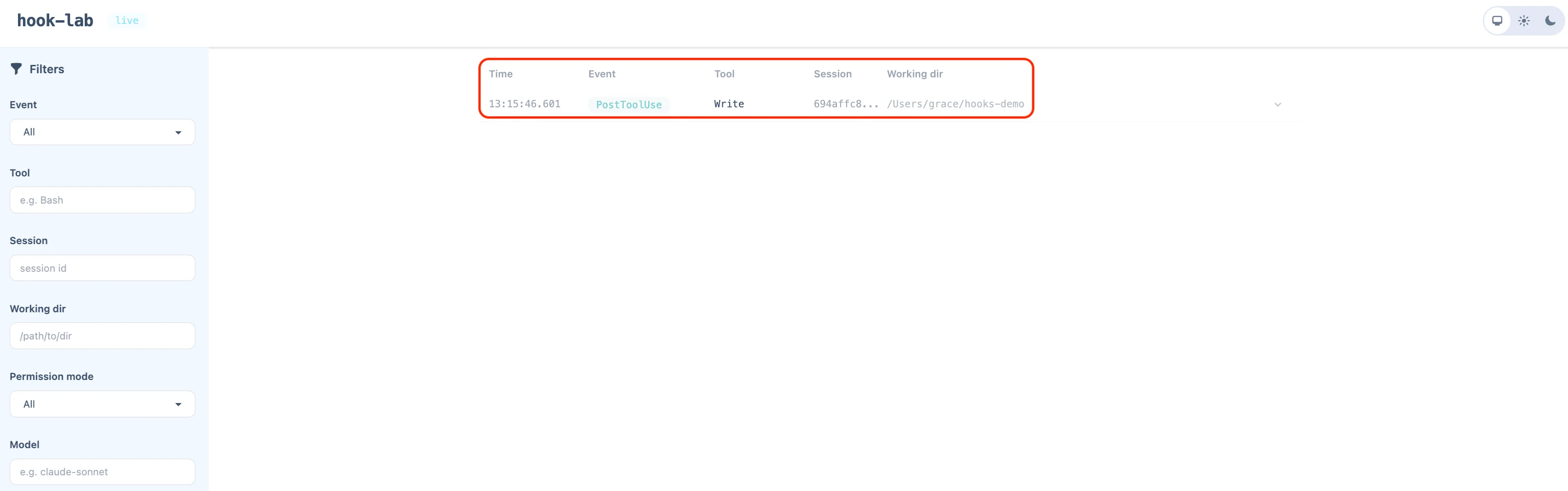 HookLab 대시보드에 PostToolUse 이벤트가 실시간으로 표시된 화면