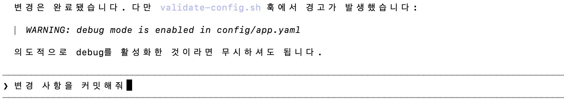 debug 모드 활성화 경고 직후 커밋 요청 입력