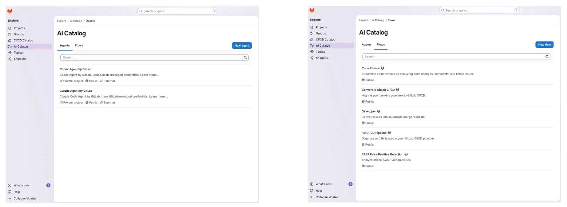 AI 카탈로그 에이전트(왼쪽), 플로(오른쪽) 화면. 출처: GitLab