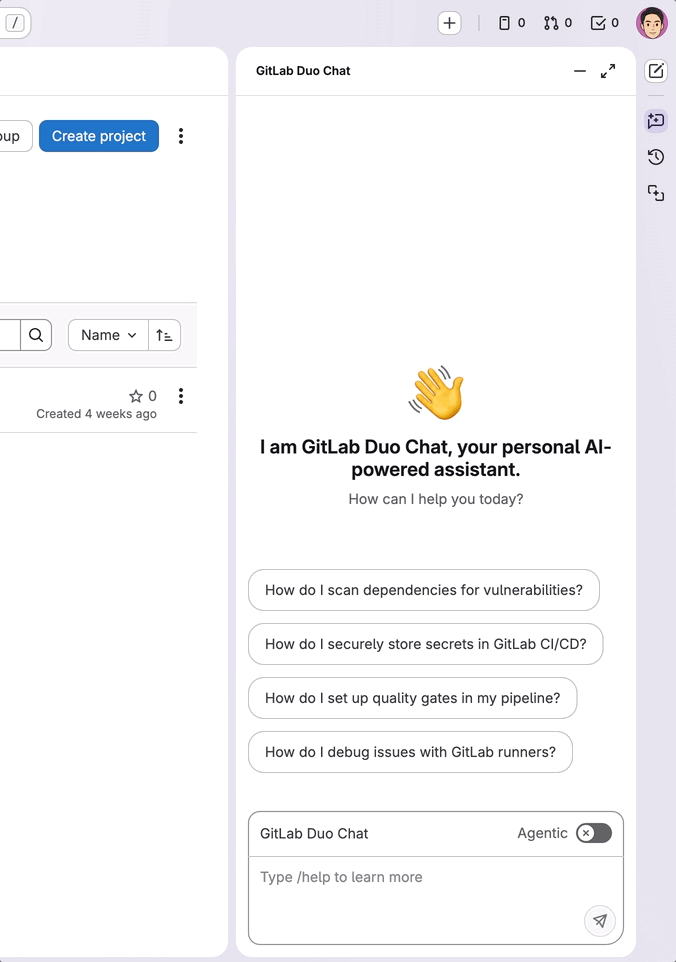 GitLab Duo Chat 창의 Agentic 토글