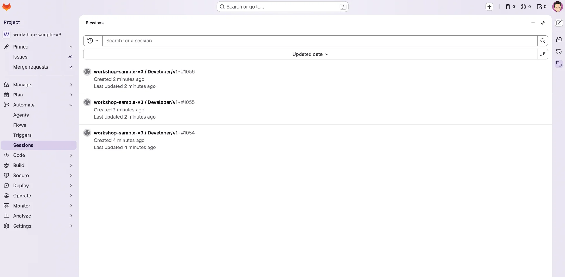 에이전트 세션 목록 화면