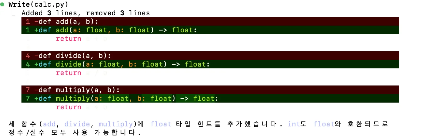 Claude가 타입 힌트를 추가한 화면