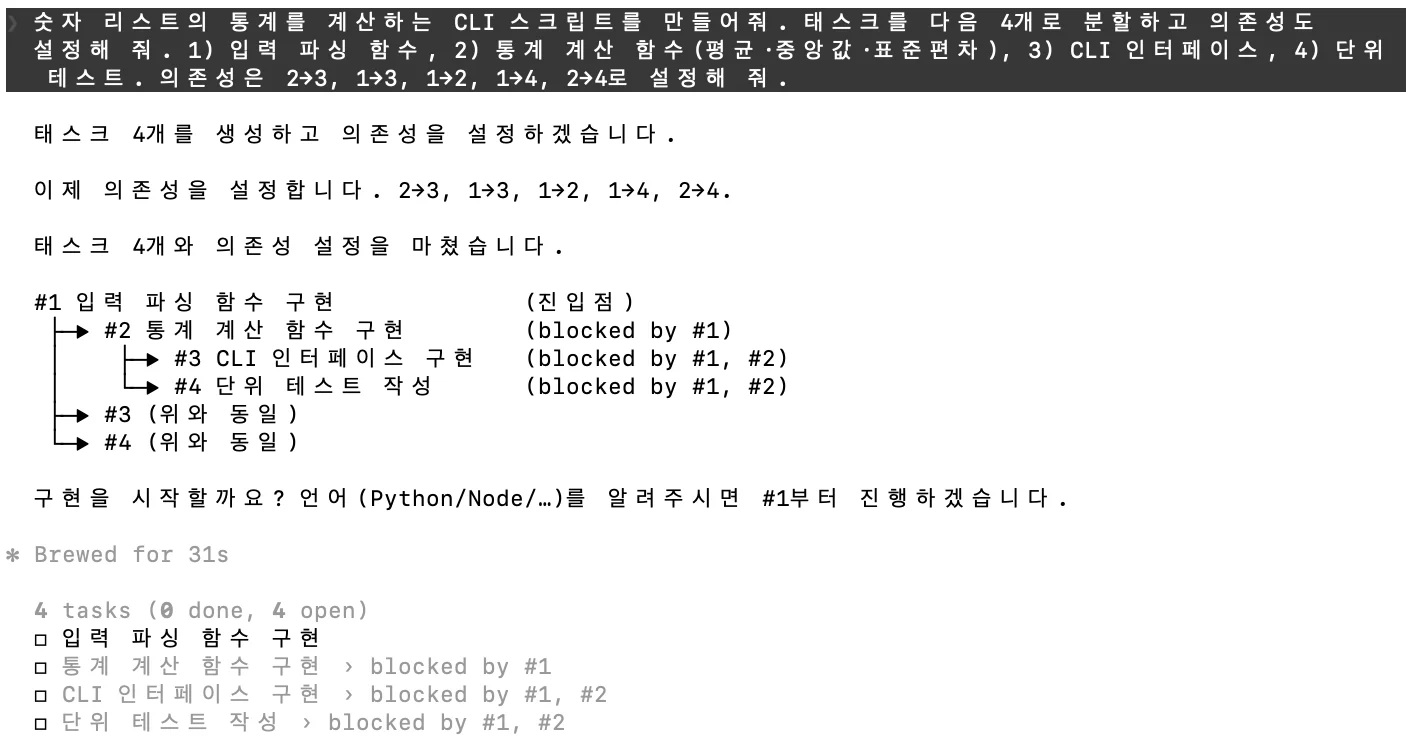 Tasks로 분할된 4개 태스크와 의존성 트리