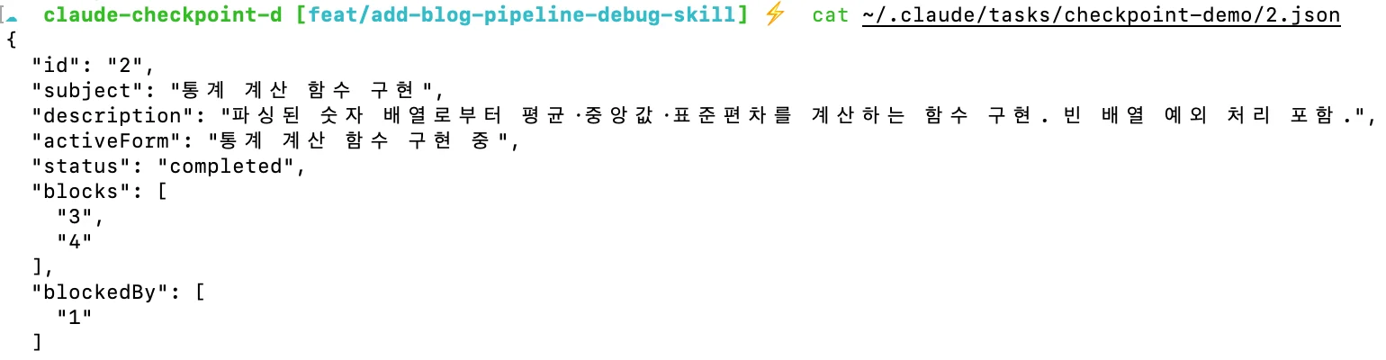 태스크 2 JSON 파일의 status가 completed로 남아 있는 모습