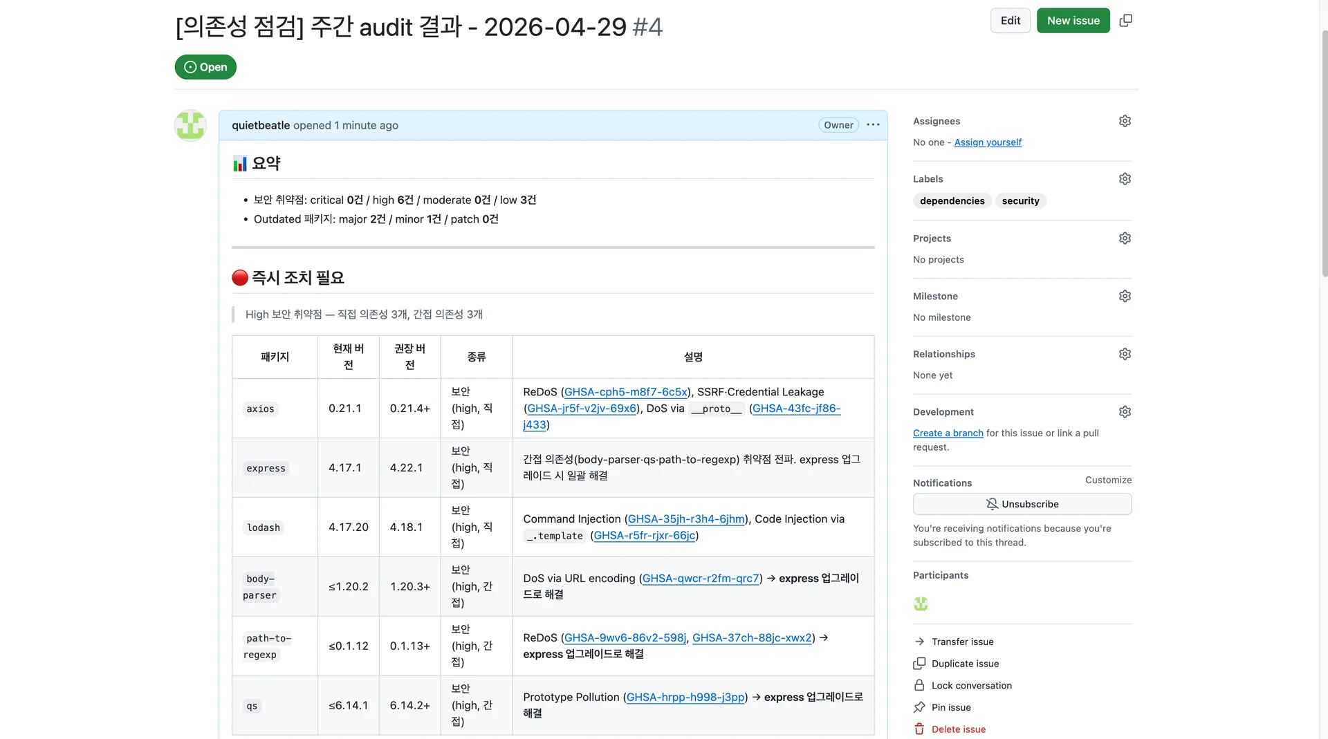 GitHub sandbox repo의 Issues 탭에 도착한 의존성 점검 Issue