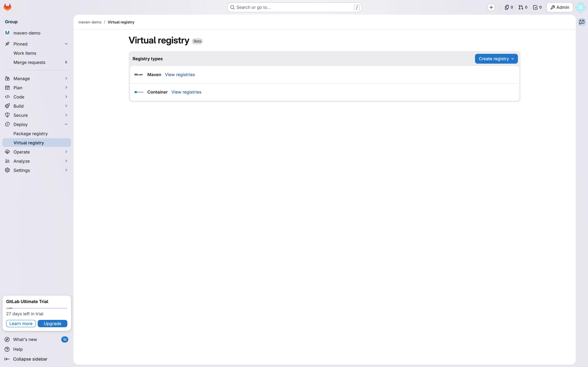 Deploy → Virtual registry 메뉴 진입 시 빈 상태 화면
