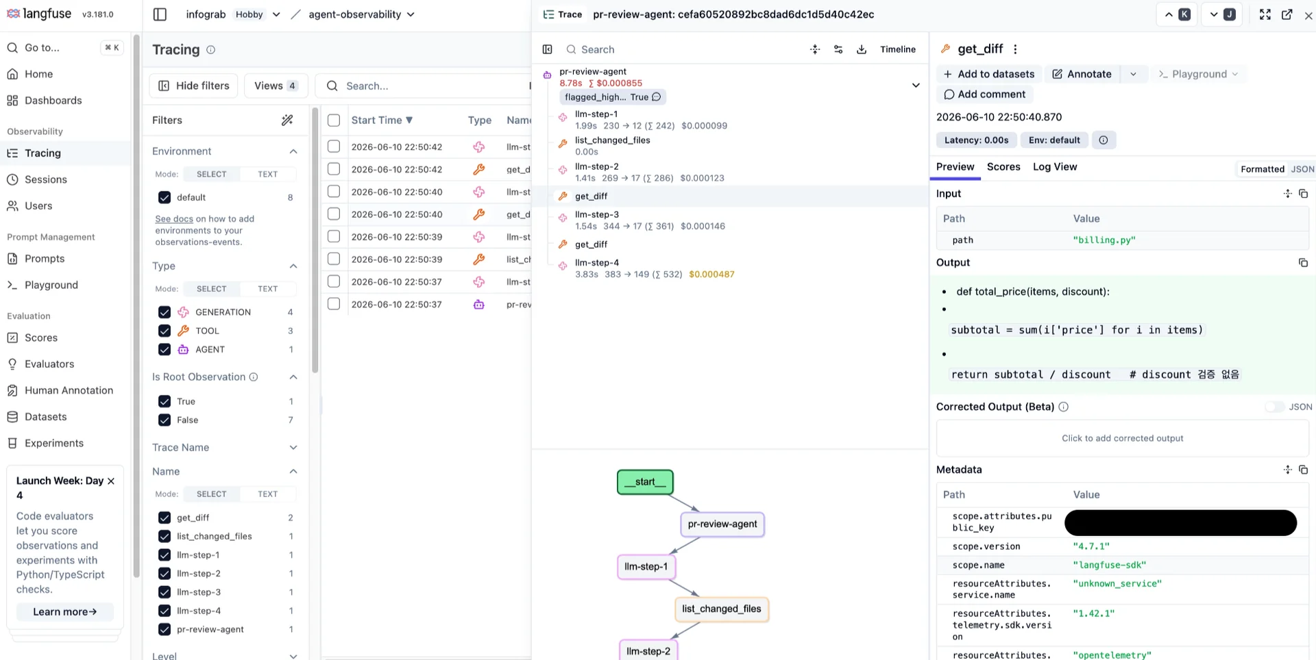 get_diff(billing.py) 스팬 상세 내용. 에이전트가 읽은 파일 경로(입력)와 그 내용(출력)