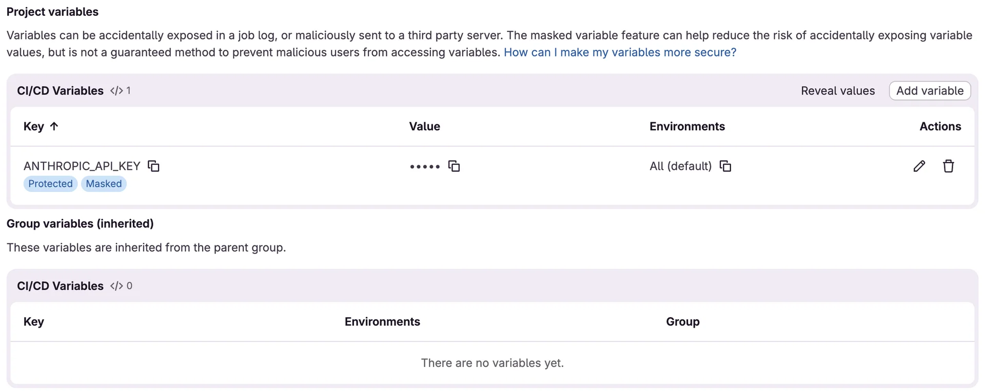 Protected와 Masked를 적용한 상태. 아래 Group variables 섹션에서 상위 그룹 변수도 확인할 수 있음