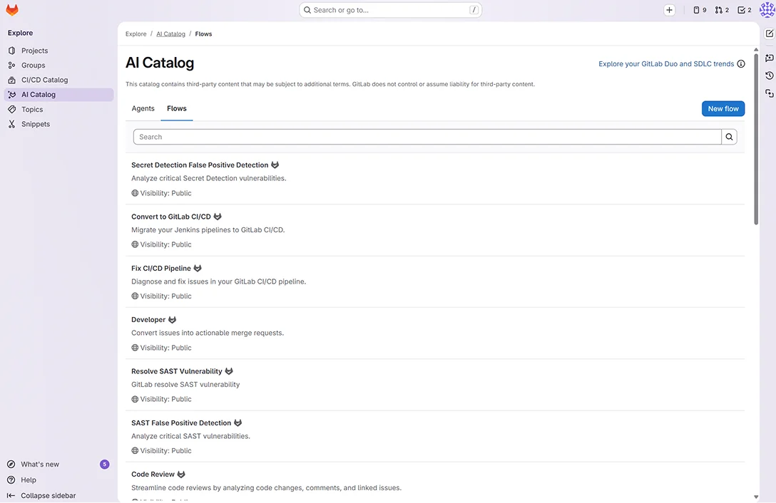 GitLab AI Catalog — Agents와 Flows를 중앙에서 탐색하고 관리하는 화면