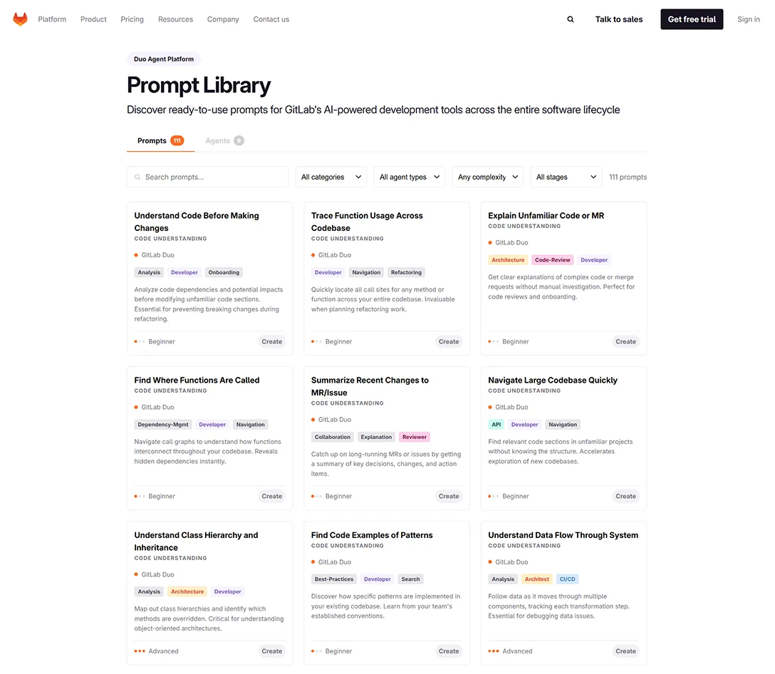 GitLab Duo Prompt Library — 9개 카테고리 111개 이상의 검증된 프롬프트 화면