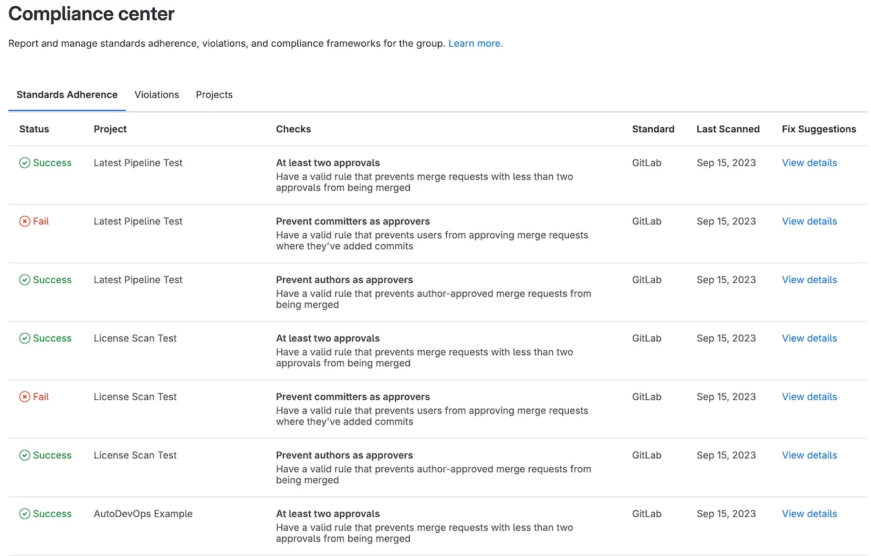 컴플라이언스 표준 준수 보고서 관련 화면. 출처=GitLab