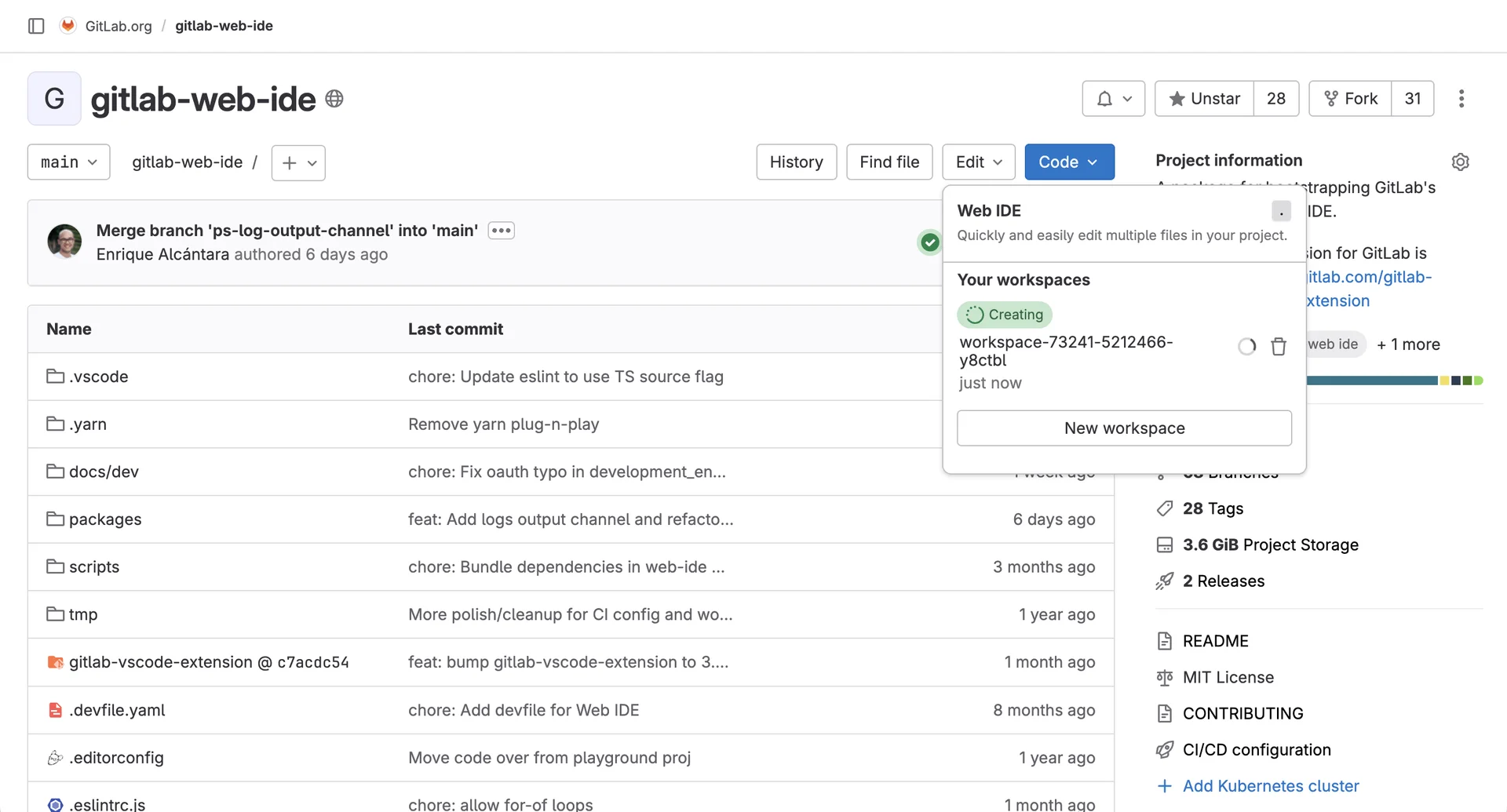 Workspaces 관련 화면. 출처=GitLab