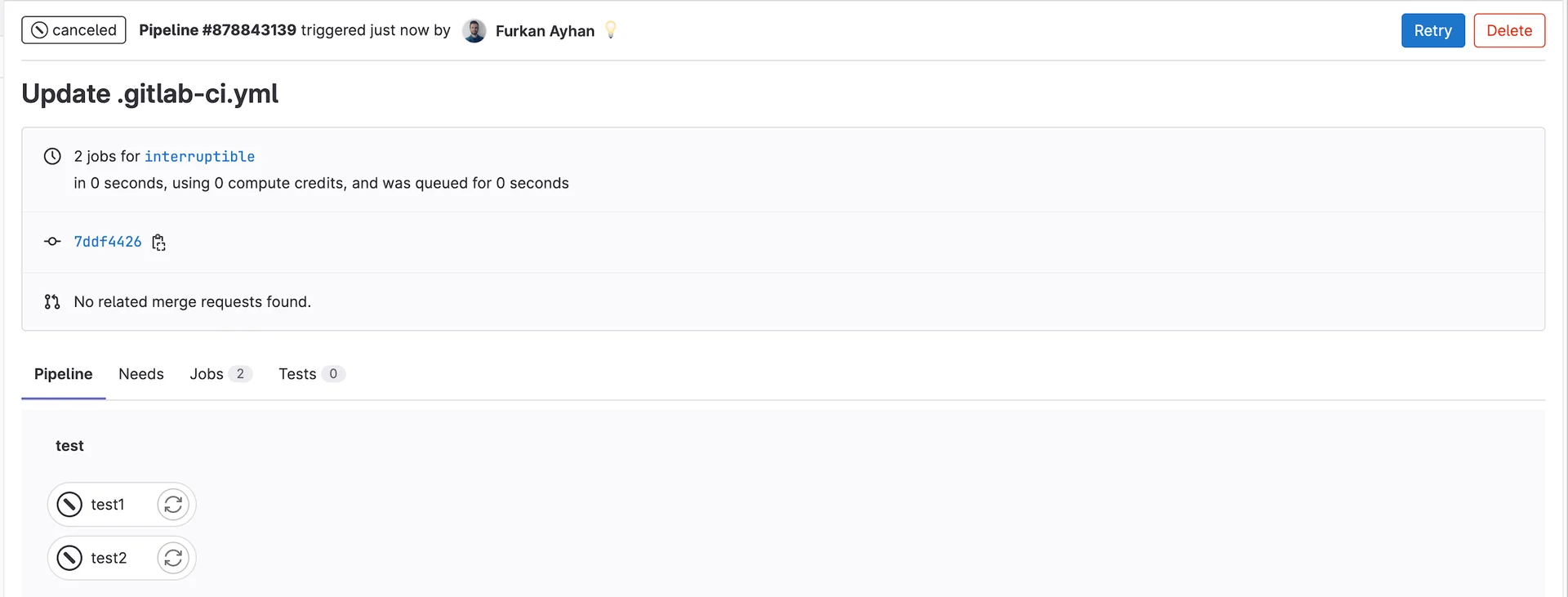 자동 취소 파이프라인 정보. 출처=GitLab