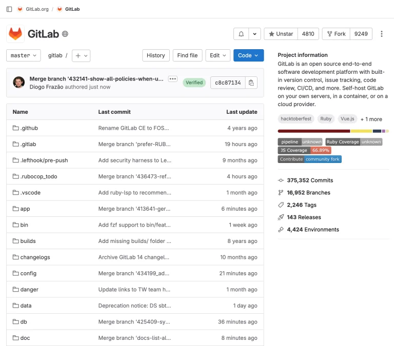 프로젝트 오버뷰 페이지의 메타데이터 사이드바 화면. 출처=GitLab