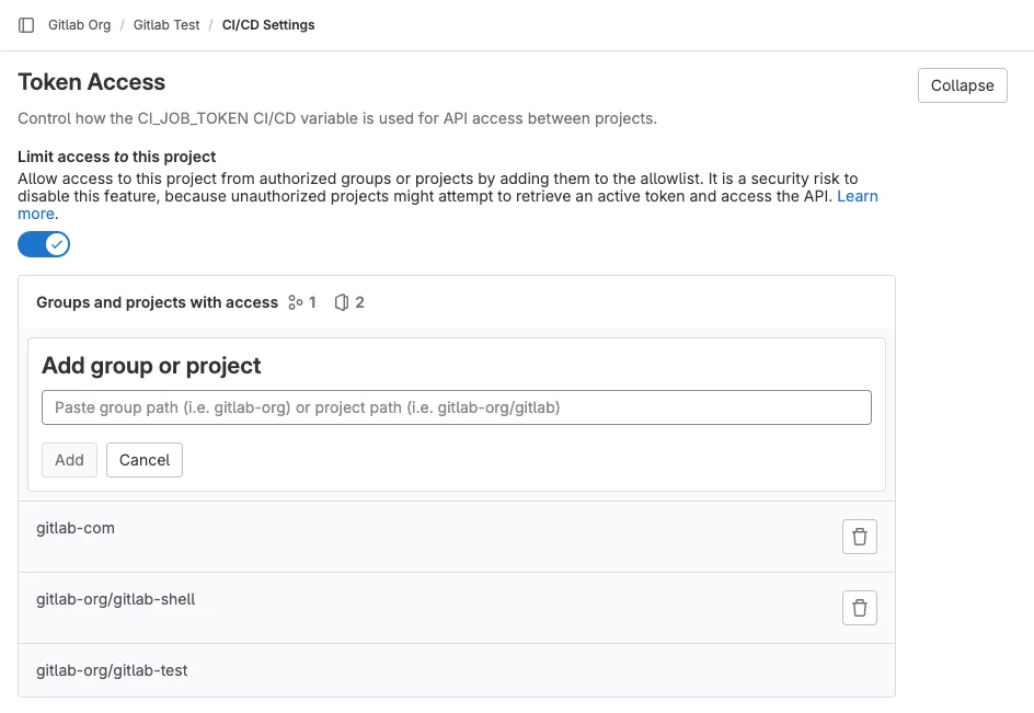 CI/CD job 토큰 허용 목록의 그룹 또는 프로젝트 추가 화면. 출처=GitLab