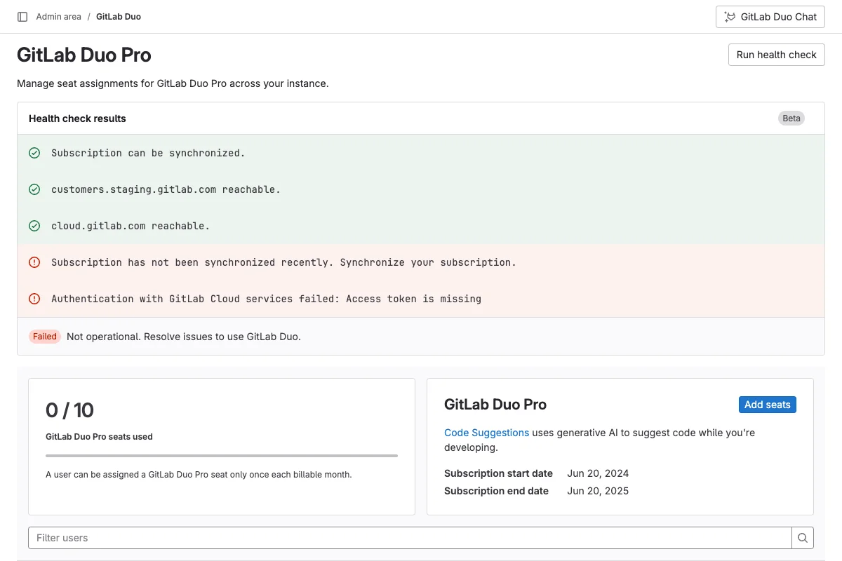 GitLab Duo 상태 검사 기능 화면. 출처=GitLab