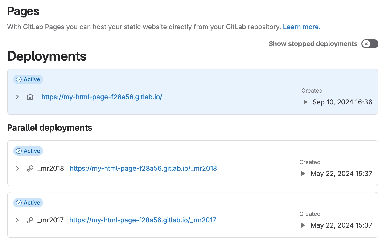 GitLab Pages 병렬 배포 화면. 출처=GitLab