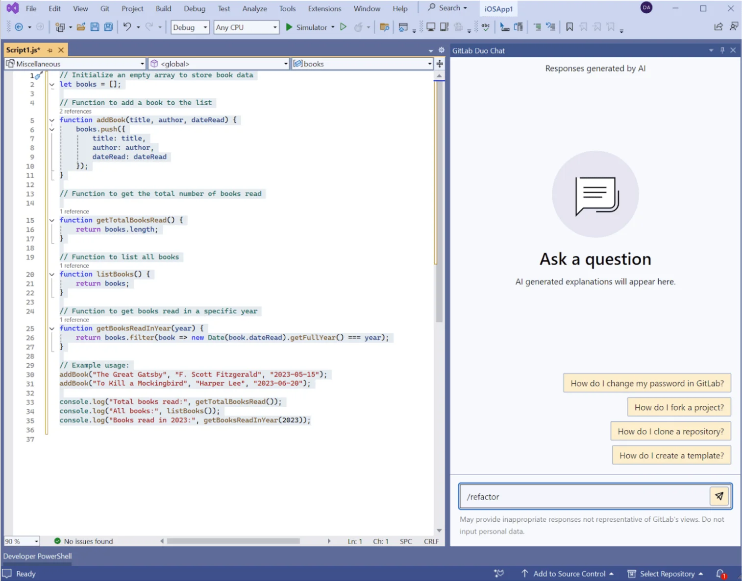 Window용 Visual Studio의 GitLab Duo Chat 화면. 출처=GitLab