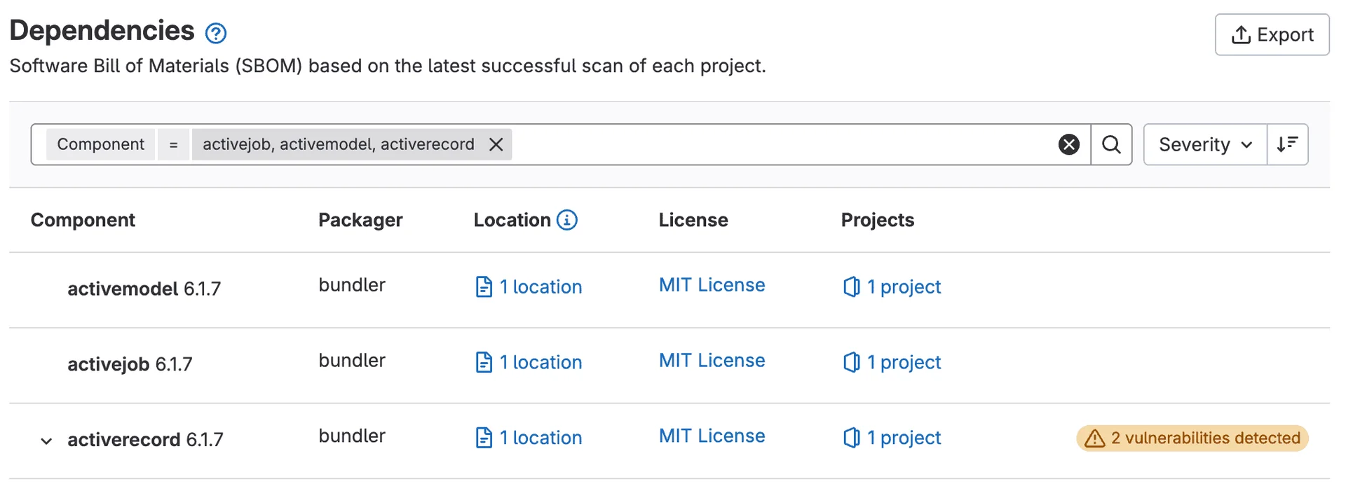 의존성 목록의 컴포넌트 필터 화면. 출처=GitLab