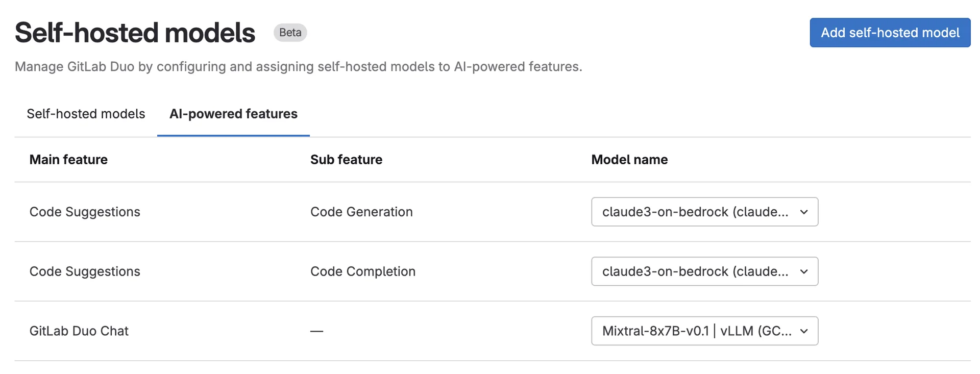 GitLab Duo Chat 셀프 호스팅 모델 관리 화면. 출처=GitLab