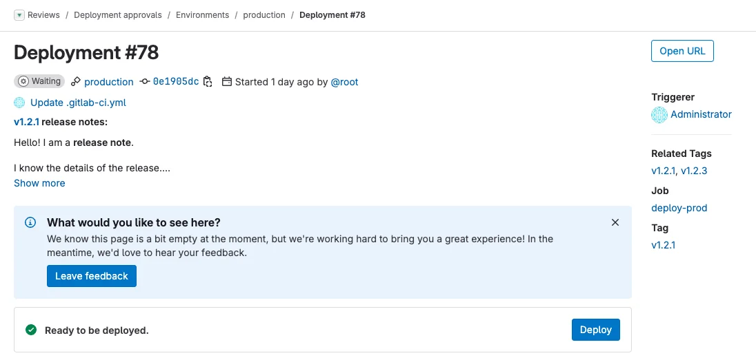 GitLab 배포 세부 사항 페이지의 릴리즈 노트 표시 화면. 출처=GitLab