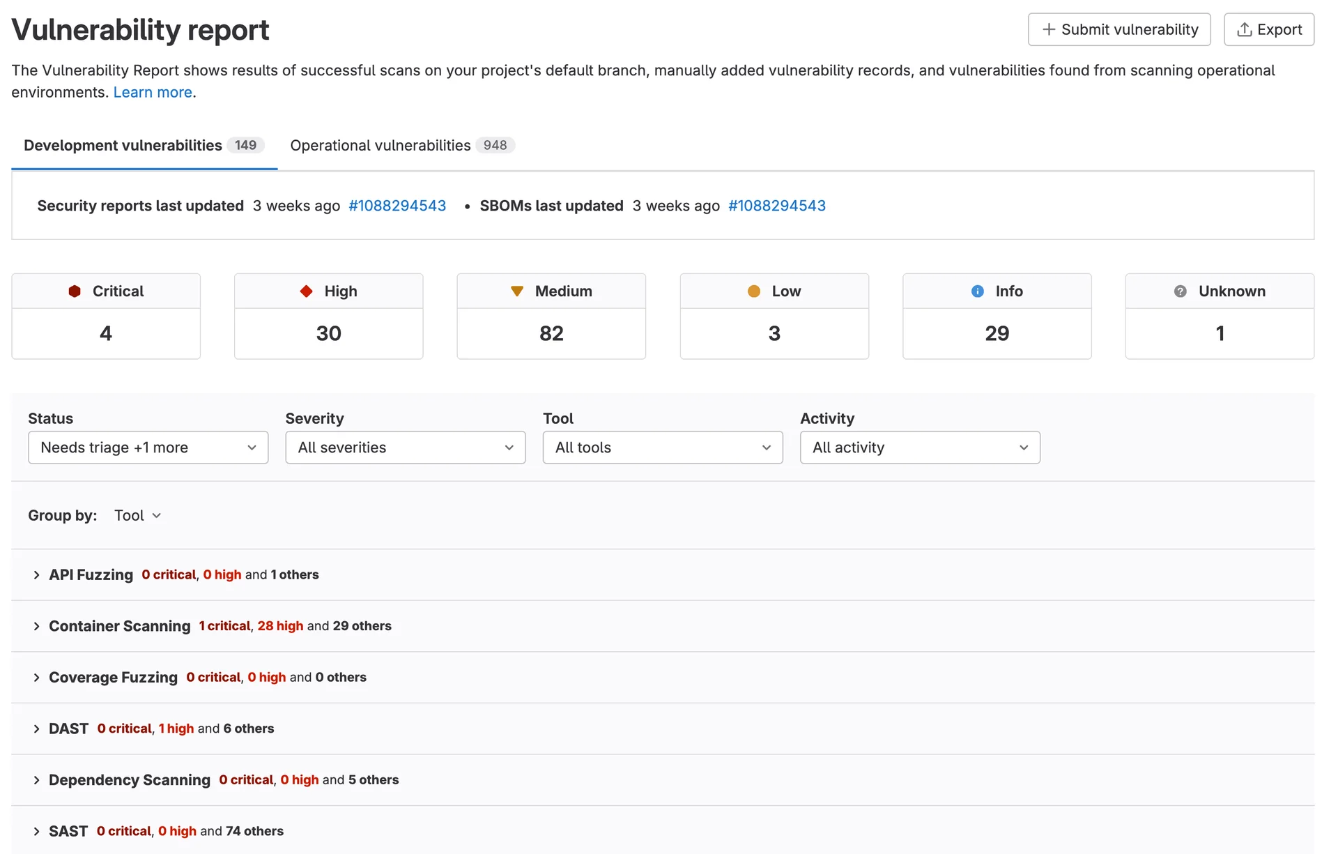 GitLab 취약점 보고서 그룹화 화면. 출처=GitLab