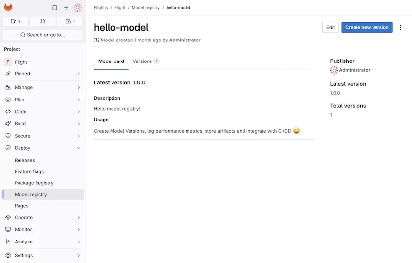 GitLab Model registry 사용 화면. 출처=GitLab