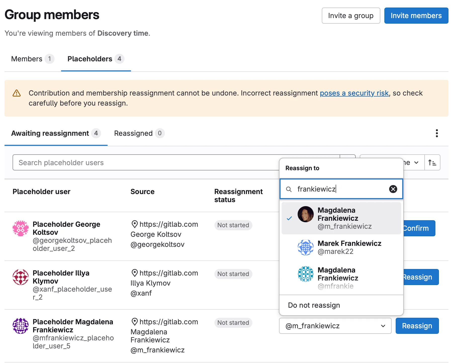 GitLab에서 사용자에게 멤버십, 기여를 재할당하는 화면. 출처=GitLab