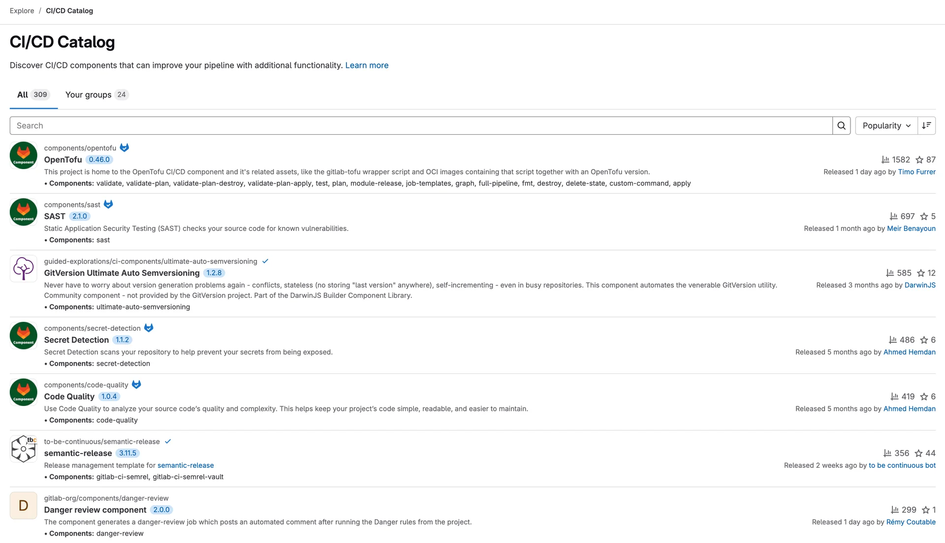 GitLab CI/CD 카탈로그 화면. 출처=GitLab