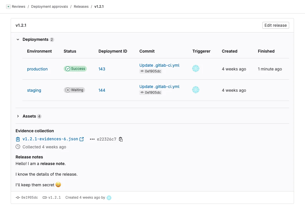 GitLab의 릴리즈 관련 배포 확인 화면. 출처=GitLab