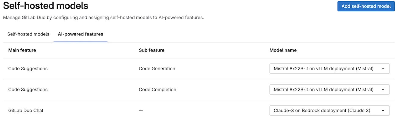 GitLab Duo 셀프 호스팅 모델 관리 화면. 출처=GitLab