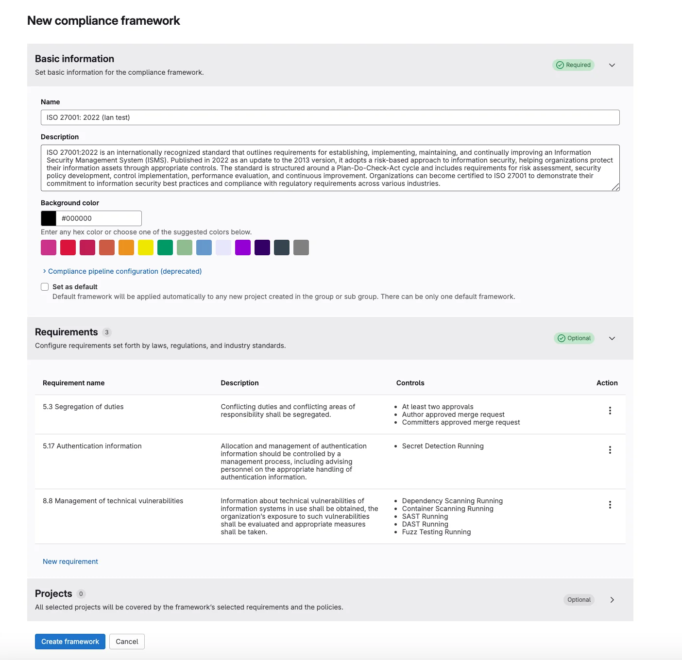 GitLab 컴플라이언스 프레임워크 설정 화면. 출처=GitLab