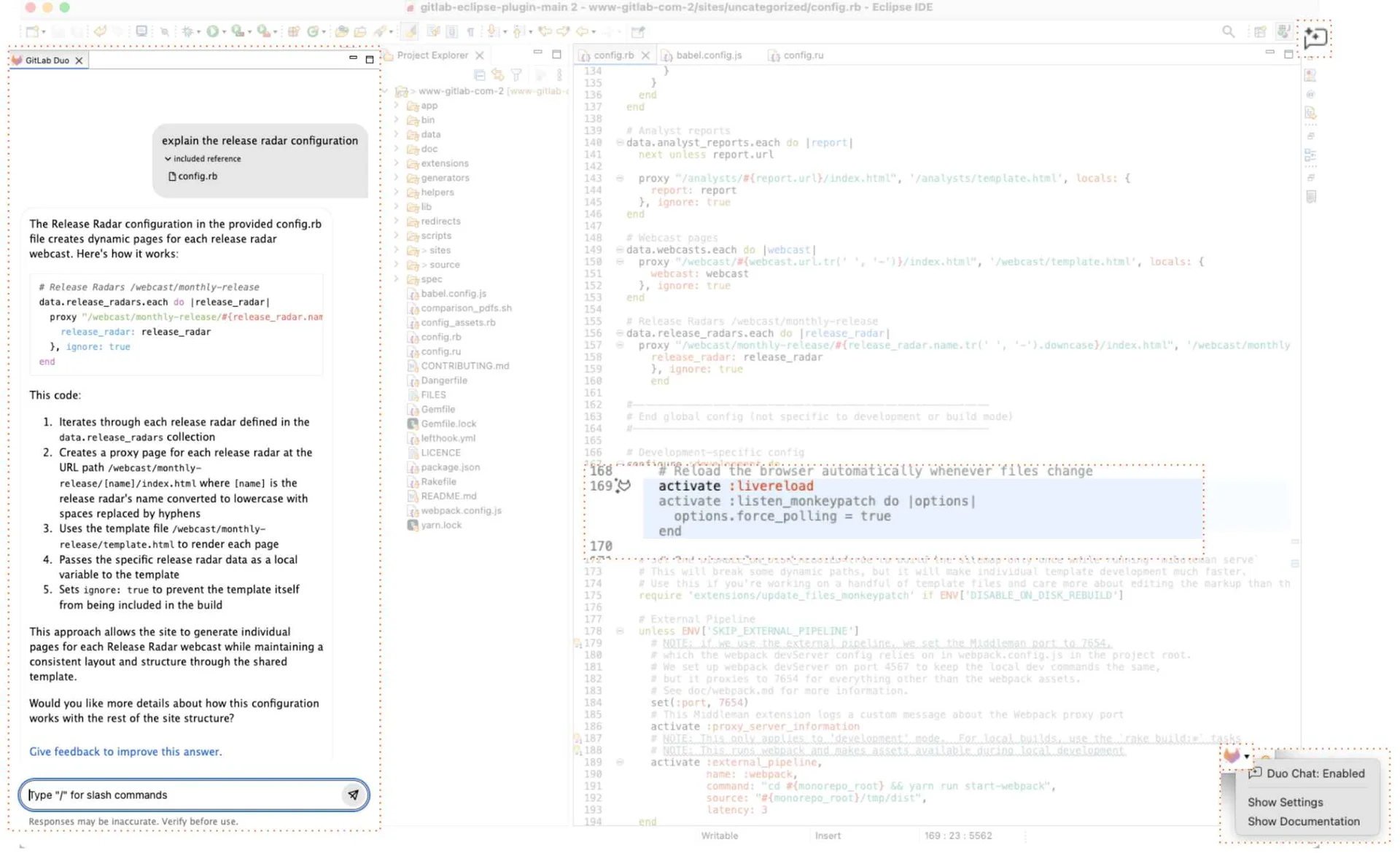 Eclipse IDE에 GitLab Eclipse 플러그인을 설치해 GitLab Duo Chat 기능을 이용하는 화면. 출처=GitLab
