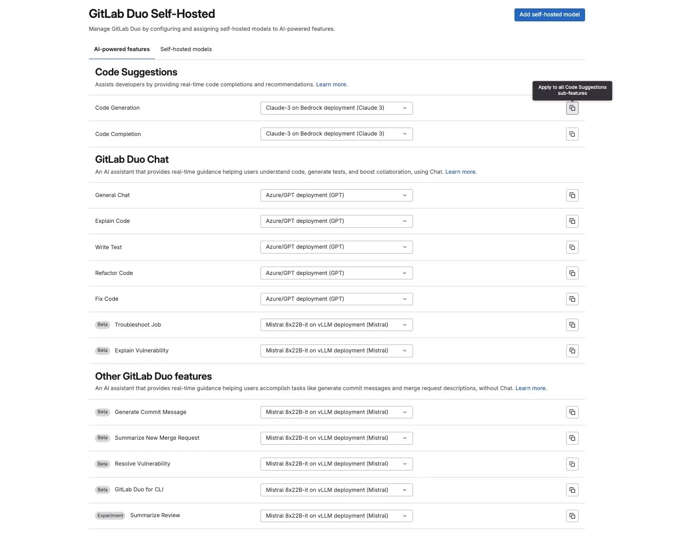 GitLab Duo 셀프 호스팅 페이지의 GitLab Duo 기능, 모델 관리 화면. 출처=GitLab