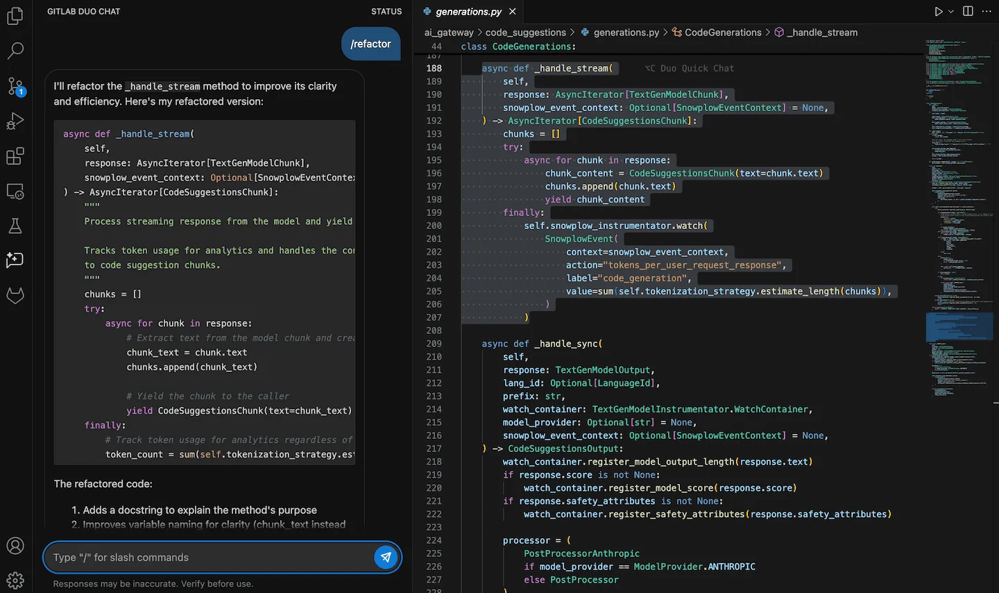 GitLab Duo Chat으로 코드를 리팩토링하는 화면. 출처=GitLab