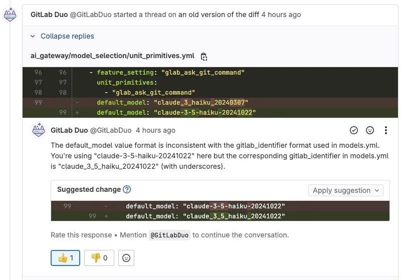 GitLab Duo의 코드 리뷰 내용. 출처=GitLab