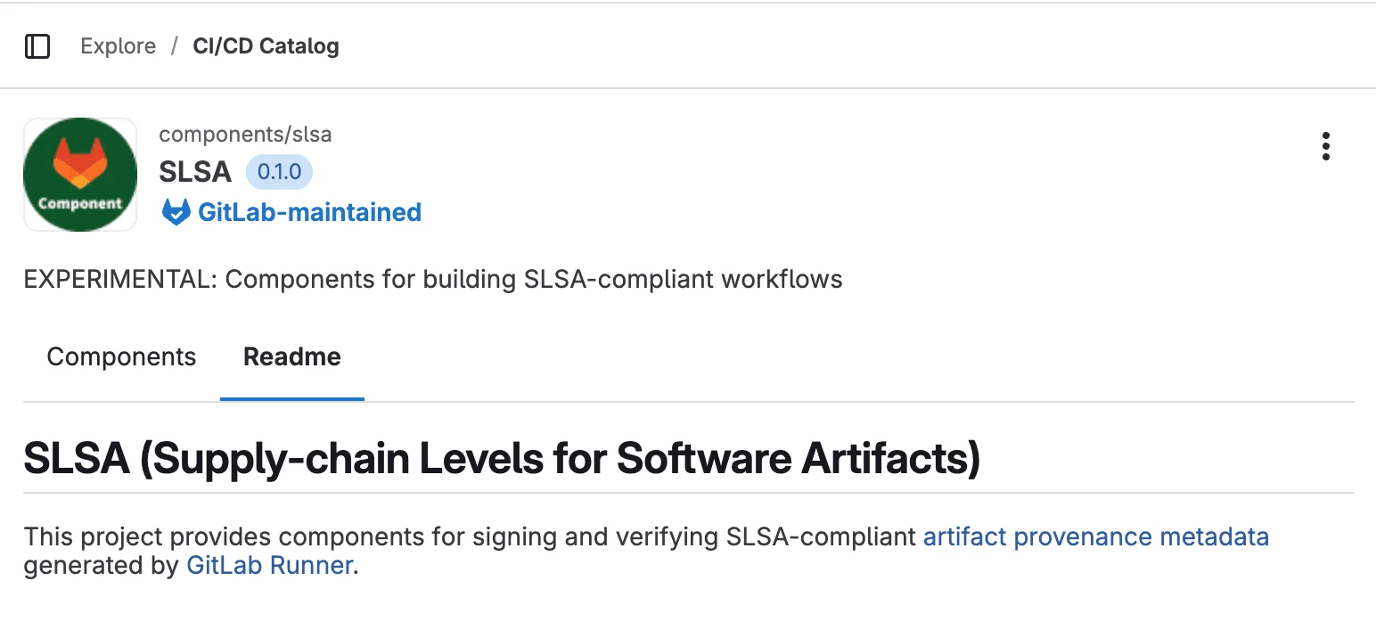 GitLab CI/CD 카탈로그의 SLSA 관련 컴포넌트 리드미 화면. 출처=GitLab