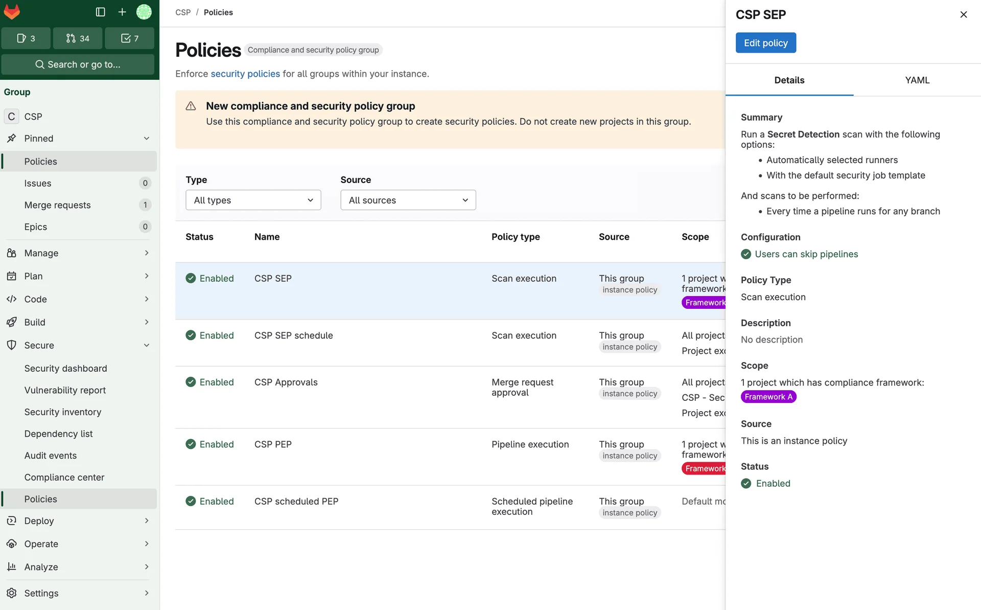보안 정책 관리 화면. 출처=GitLab