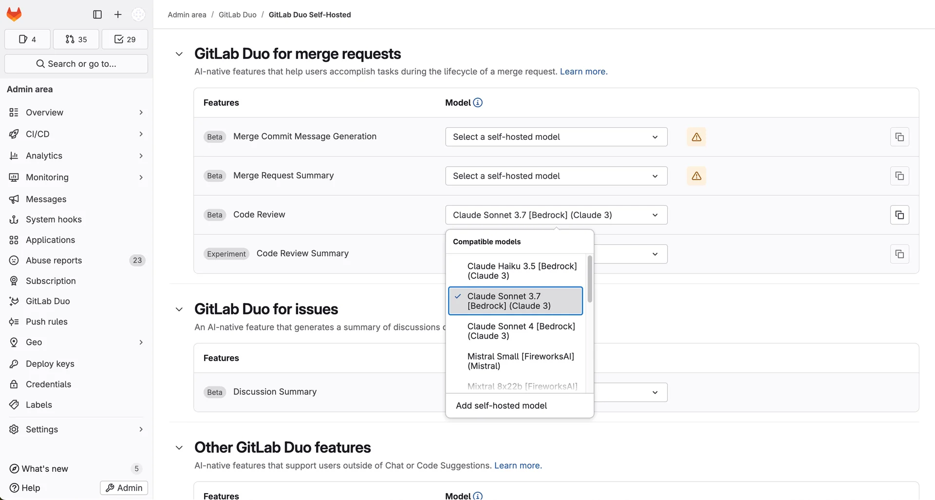 GitLab Duo 셀프 호스팅 기능별 모델 설정 화면. 출처=GitLab