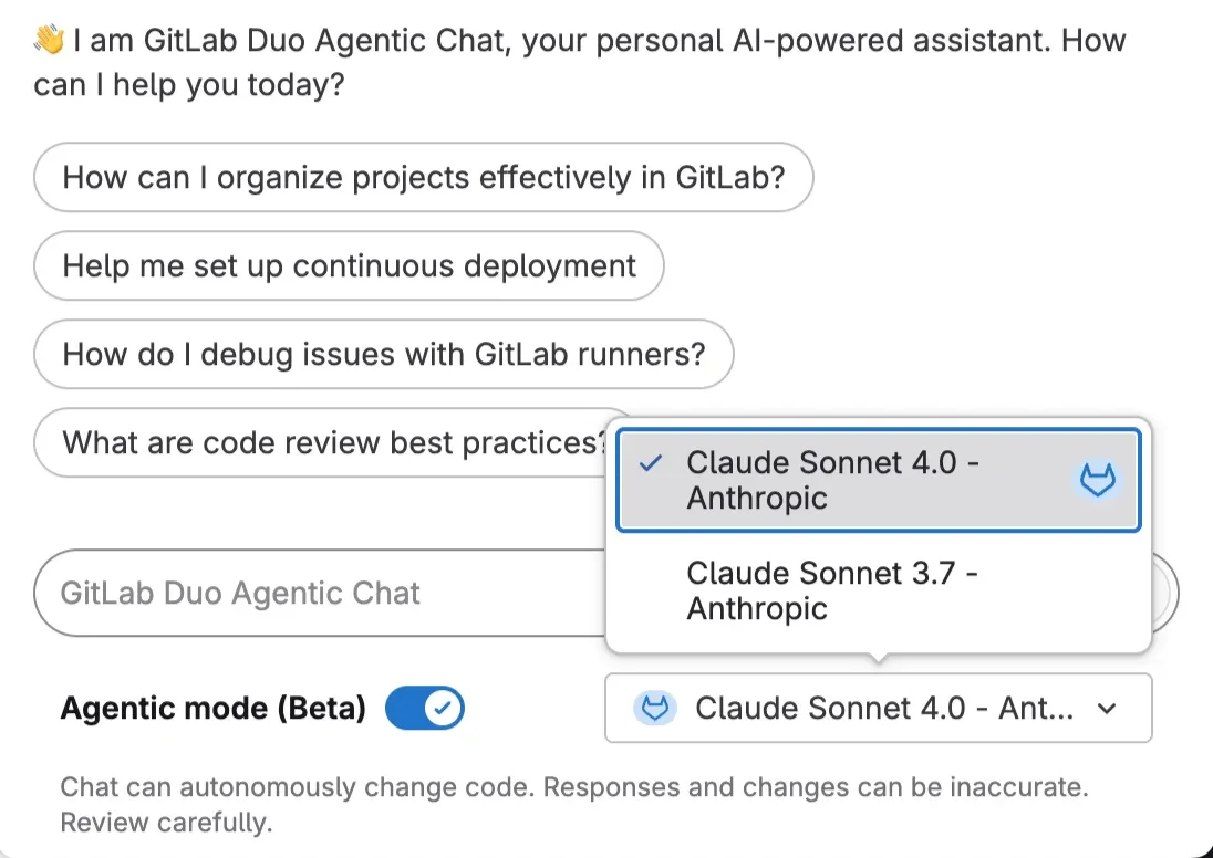 GitLab Duo Agentic Chat 모델 설정 화면. 출처=GitLab