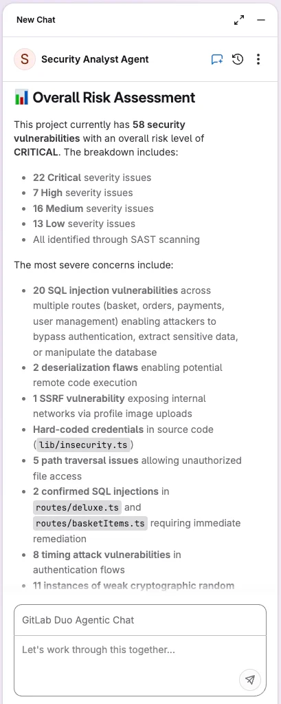 GitLab Security Analyst Agent 사용 화면. 출처=GitLab