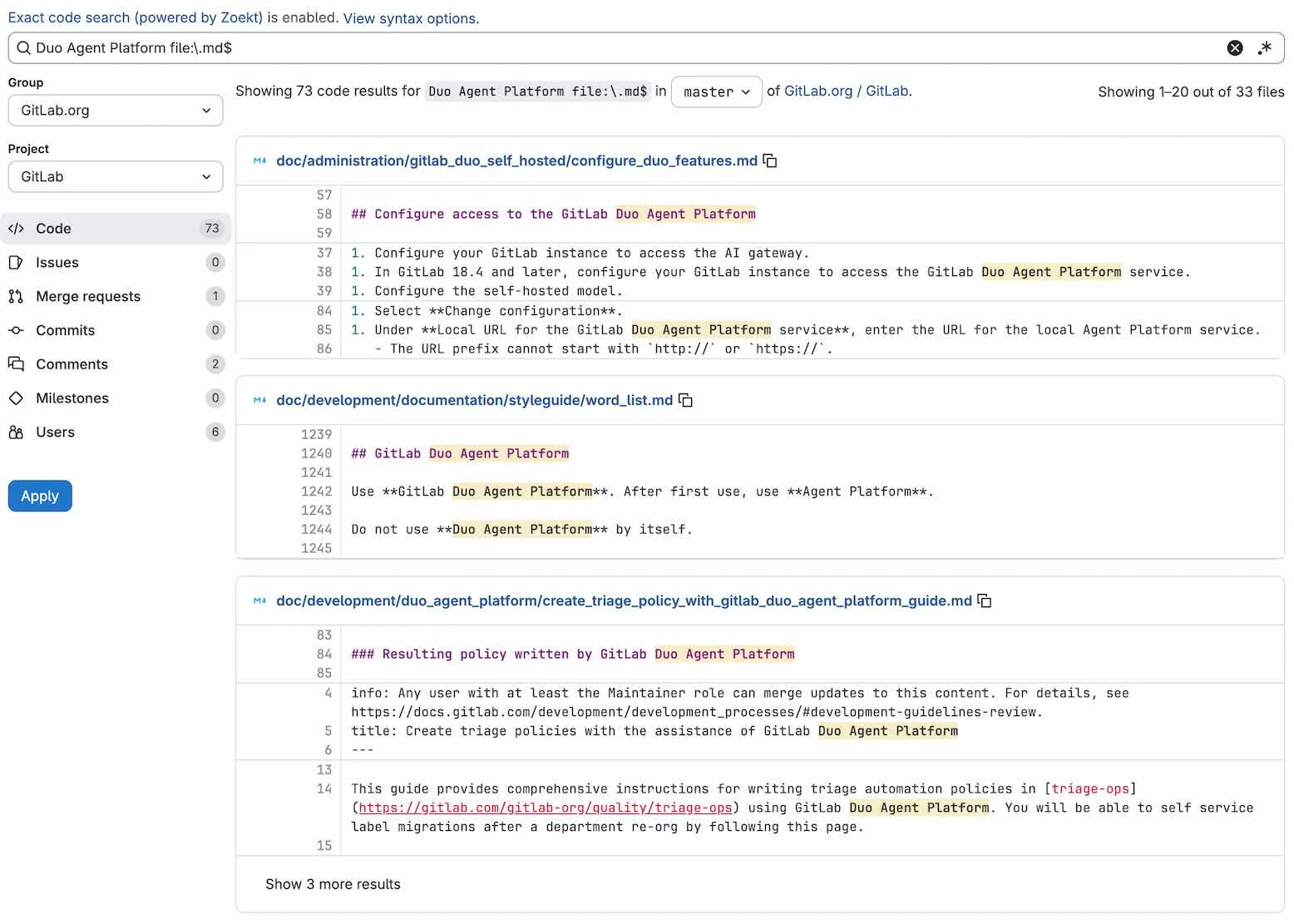 Exact code search 기능 실행 화면. 출처=GitLab