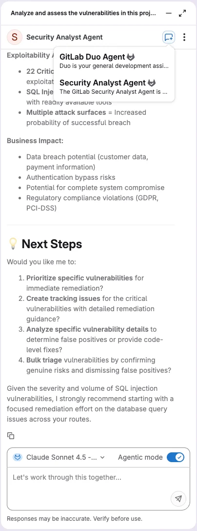 GitLab Security Analyst Agent 화면. 출처=GitLab