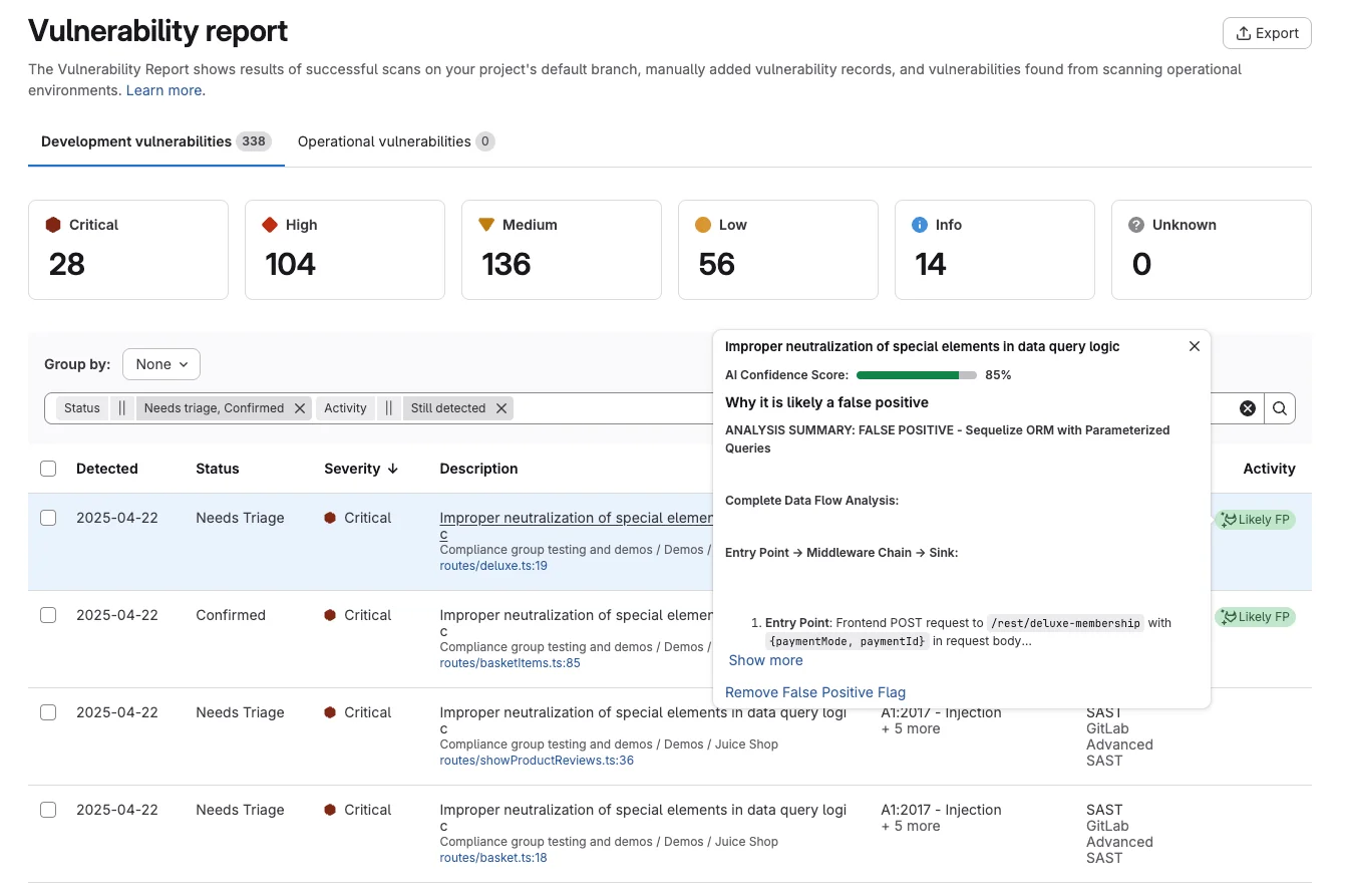 AI 기반 SAST 거짓 긍정 탐지 결과. 출처=GitLab