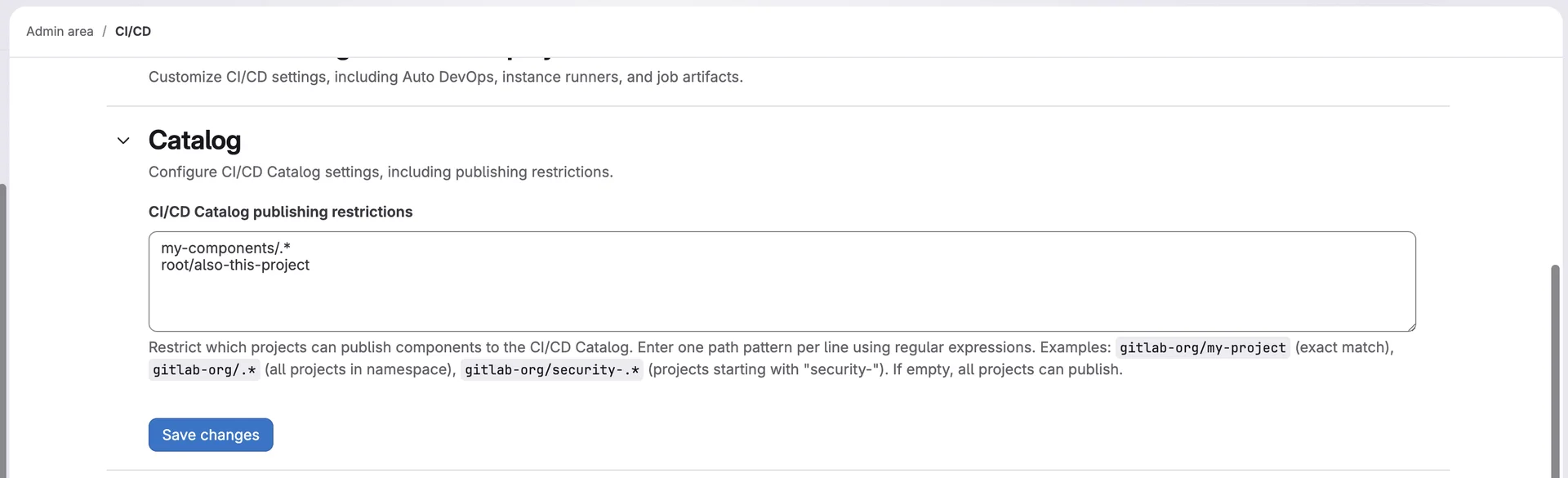CI/CD 카탈로그 컴포넌트 게시 제어를 위한 인스턴스 설정 화면. 출처=GitLab