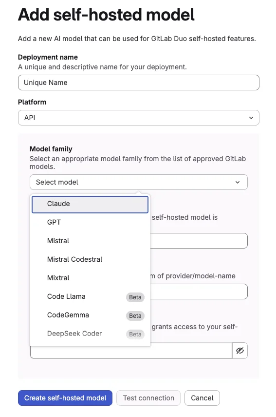 셀프 호스팅 모델 추가 화면. 출처: GitLab