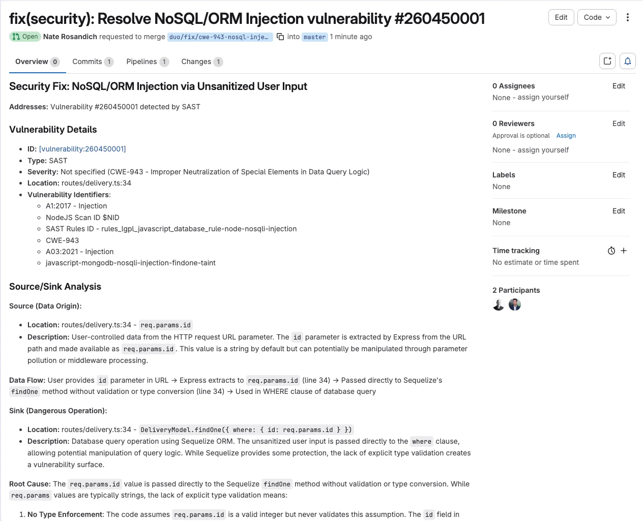 SAST 취약점 해결 내용. 출처: GitLab
