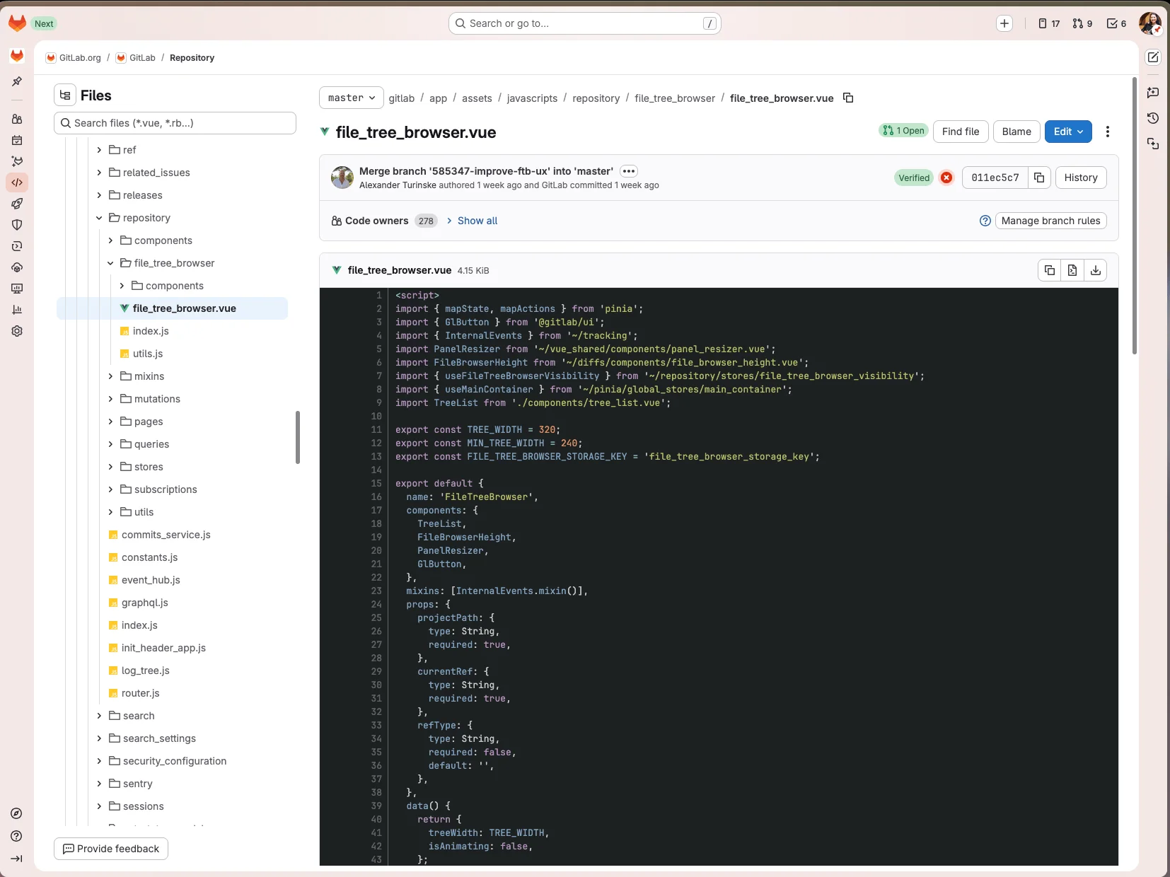 파일 트리 기반 리포지터리 탐색 화면. 출처: GitLab