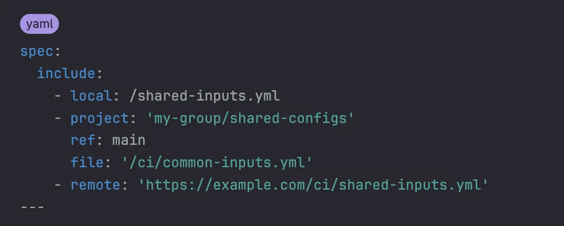 CI/CD 입력 포함 YAML 내용. 출처: GitLab