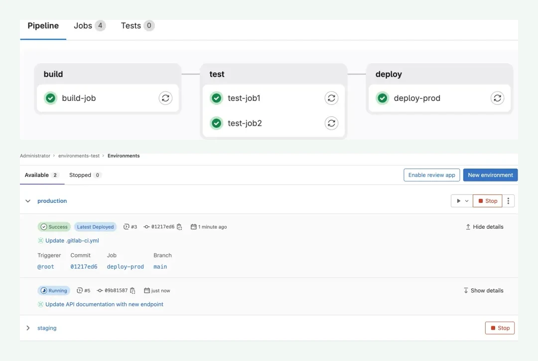 GitLab 파이프라인 그래프와 배포 환경 목록 화면